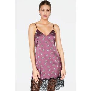 Romantic Purple Floral Slip Dress Eyelash Lace Hem Spaghetti Strap‎ Size S
